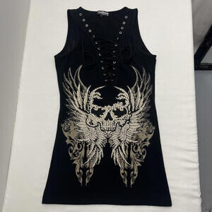 Y2K Goth Grunge From Los Angeles Bus Stop skull and wing rhinestones lace tank S